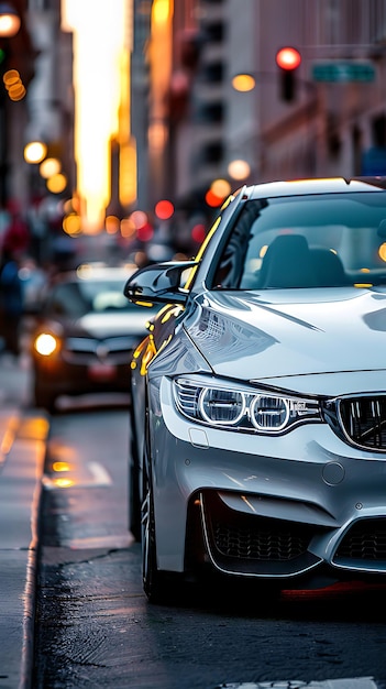 a silver bmw car is driving down the street