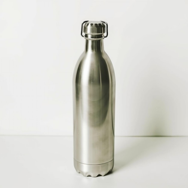 Photo a silver bottle with a silver cap sits on a white table