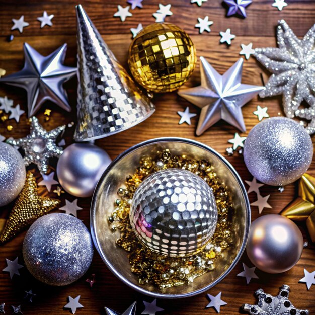 Photo a silver bowl with a silver ball and silver glitter balls