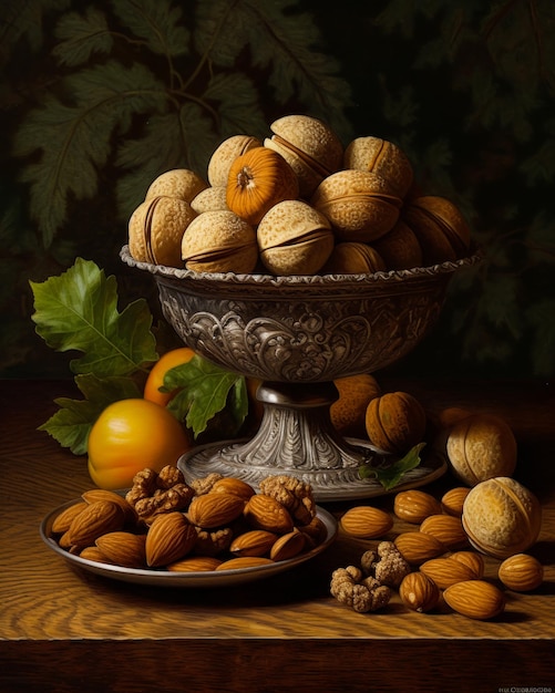 Silver bowl with walnuts Fruit almonds and cracked nuts on the table Black backdrop with green leaves Generative AI