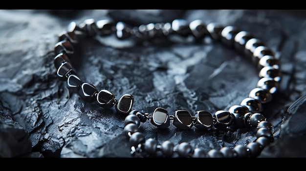 a silver bracelet with a pearl on it is on a black cloth