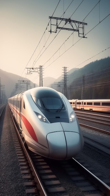 A silver bullet train is on the tracks.