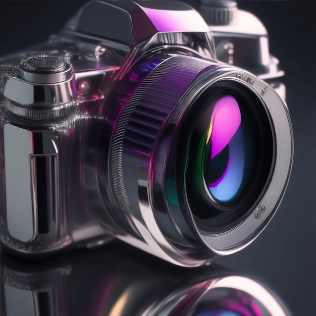 A silver camera with a purple lens and a reflection of the lens