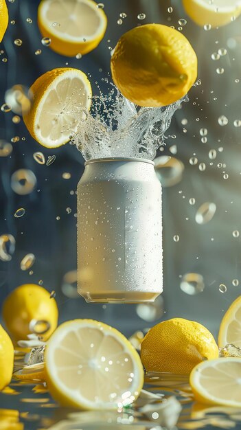 Photo a silver can surrounded by lemons with a water splash