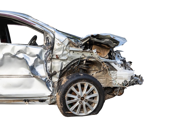 Silver car get hard damaged by accident on the road Maintenance or car repair concept