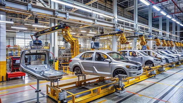 Photo a silver car is being made in a factory with other cars