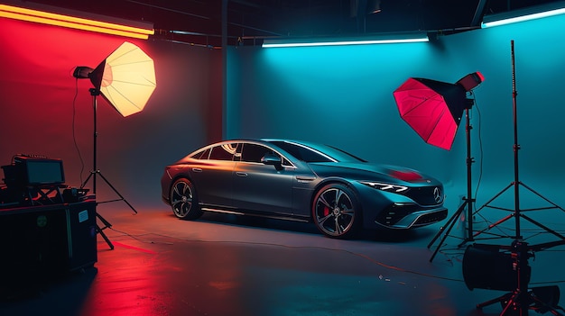 Photo a silver car is being photographed in a studio with red and blue lighting