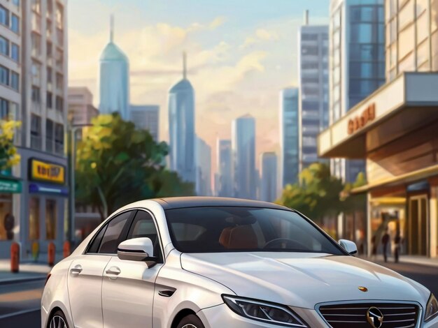 a silver car is parked in front of a building with a city in the background