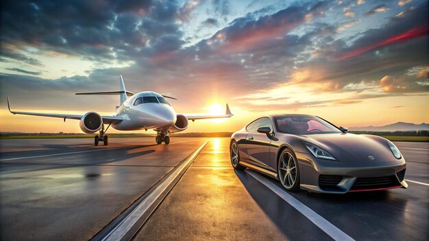 Photo a silver car is parked next to a plane with the sun behind it