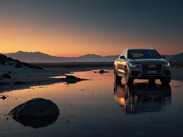 Photo a silver car is parked in the water with mountains in the background