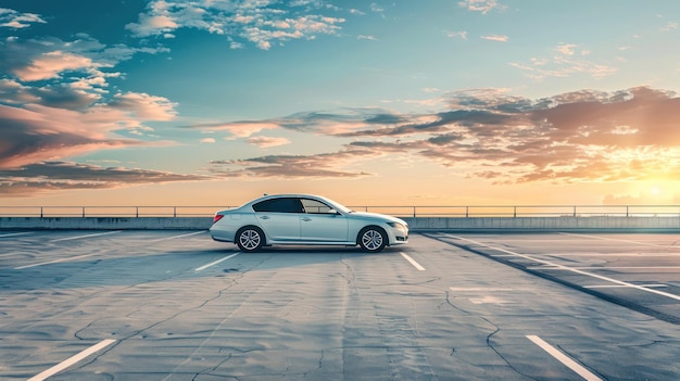 Silver Car Parked in a Parking Lot at Sunset