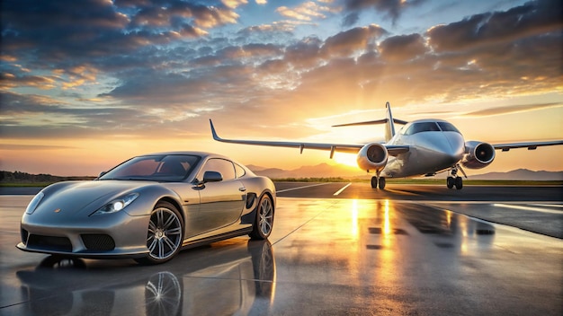 a silver car sits on the runway with a plane in the background