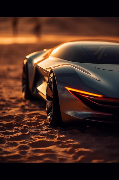 A silver car with the headlights turned on in the sand