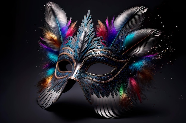 Silver carnival mask on black background Generative AI