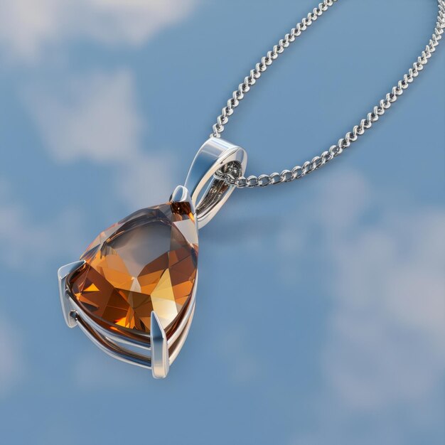 Silver chain necklace with a large brown gemstone pendant against a blue cloudy sky