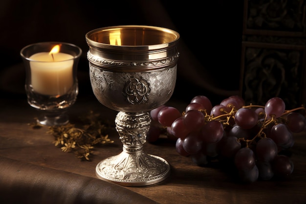 A silver chalice with grapes and grapes on a table