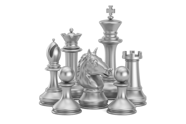 Photo silver chess figures 3d rendering