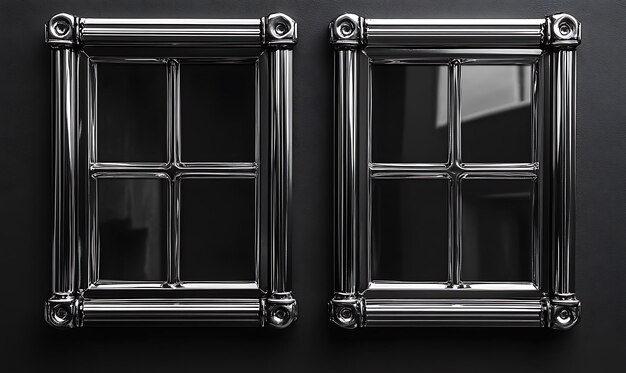 Photo silver chrome window frames are isolated on a solid black background design