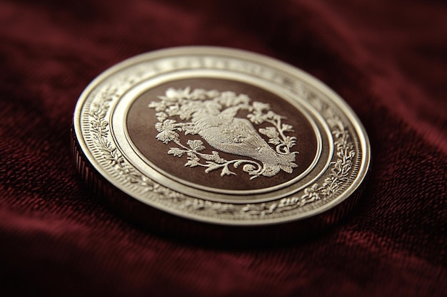 a silver coin with a bird on it is on a red cloth