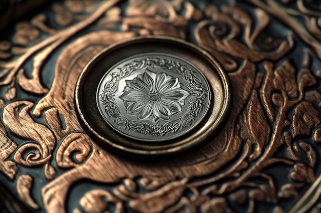 a silver coin with a flower on it sits on a table