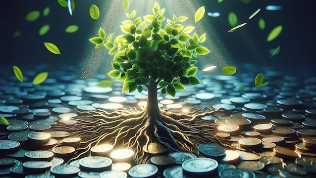 Silver coins scattered on the ground trees growing Financial growth concept AI generated image