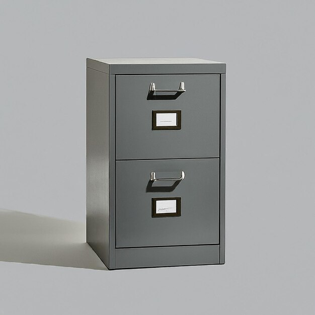 Photo a silver colored file cabinet with a black handle