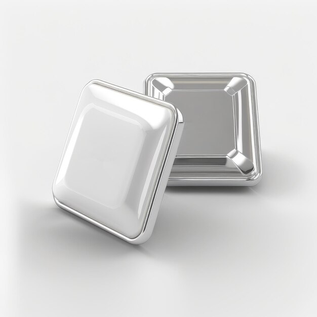 A silver container with a square lid sits against a white background.