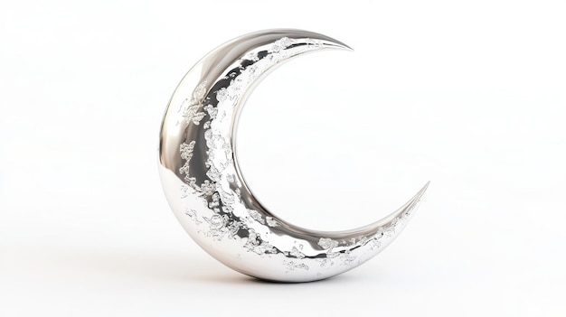 Silver Crescent Moon Symbol on White Background Rendered in High Resolution Photograph