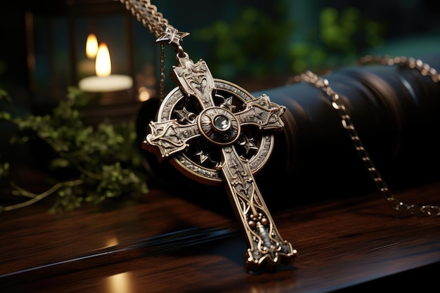 Silver cross in pendulum symbolizes spiritual connection generative IA