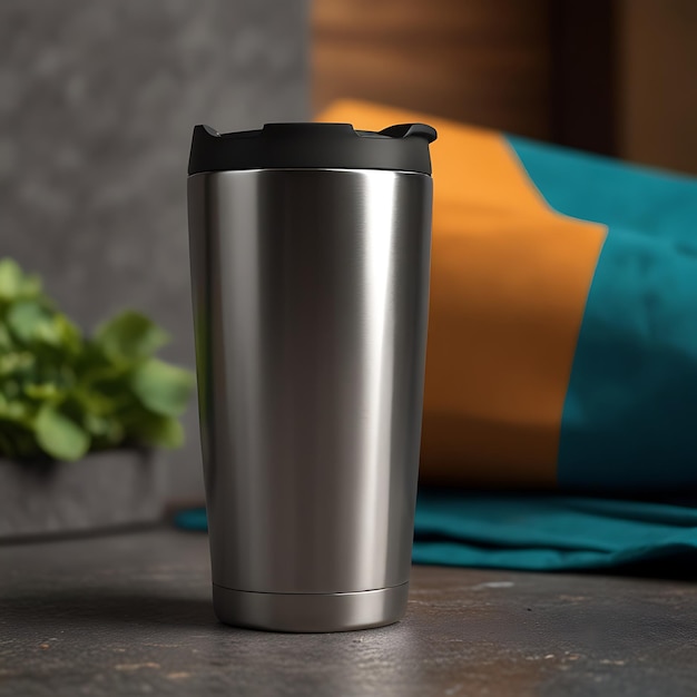 a silver cup with a black handle sits on a table