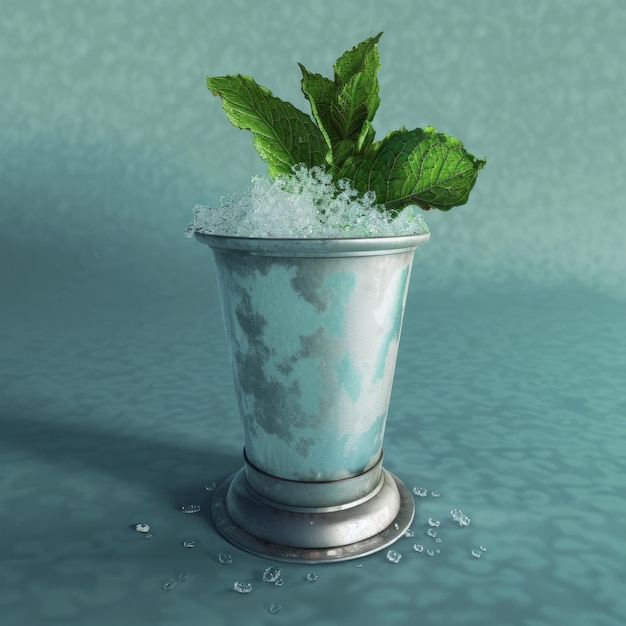 Photo a silver cup with a green leaf in it is filled with ice and water