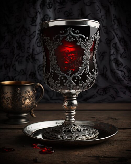 A silver cup with a red glass on it and a silver tray with a cup on it.