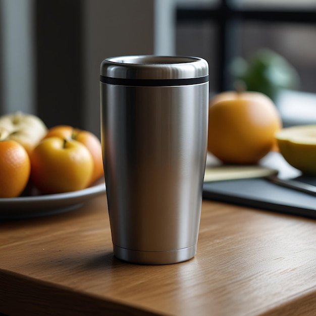 a silver cup with a silver lid sits on a table with apples and oranges