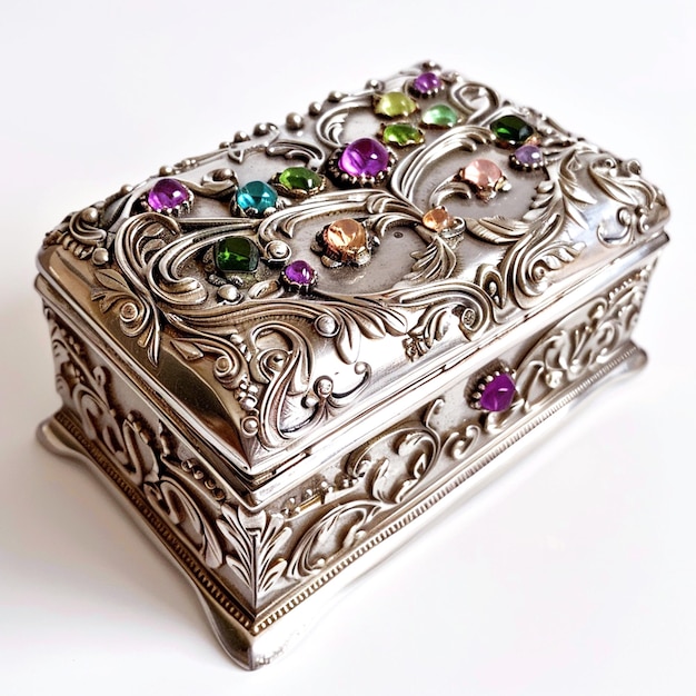 a silver decorated jewelry box with a colorful gemstone on it