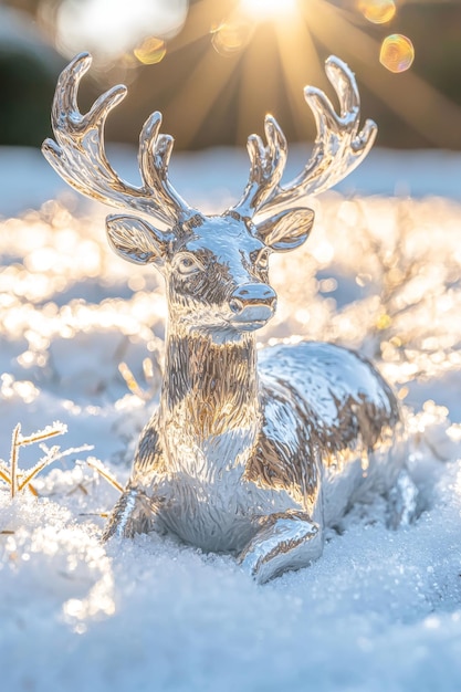 Photo silver deer figurine in the snow with sunbeams