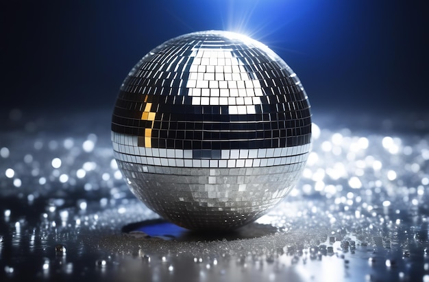 A silver disco ball with a black center sits on a shiny surface