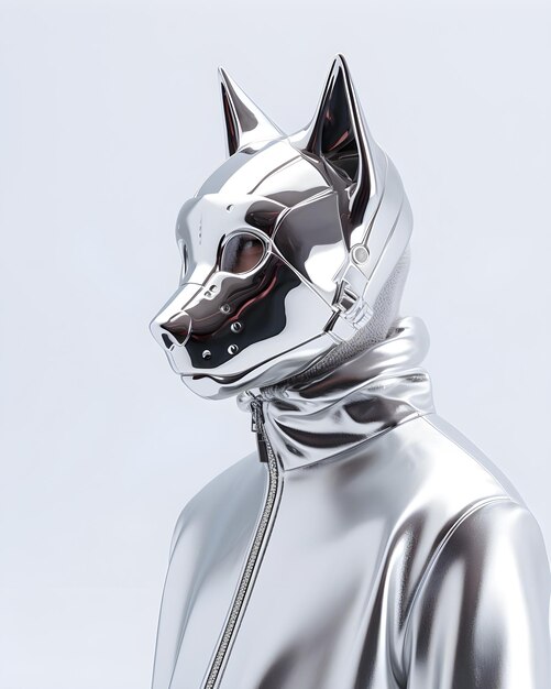 A silver dog statue with a black nose and ears.