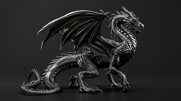 A silver dragon with outstretched wings stands on a black background