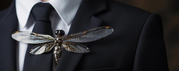 Photo a silver dragonfly pin on a black suit jacket