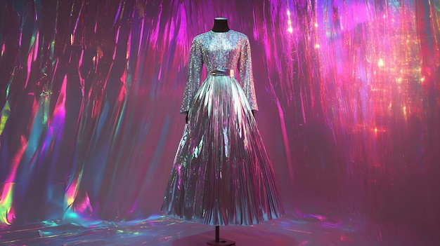 Photo silver dress shimmering under colorful spotlights on stage