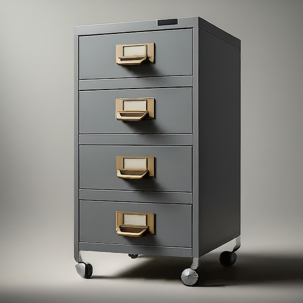 a silver dresser with three handles and a drawer with a handle