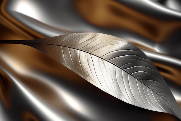 A silver feather is laying on a silver surface