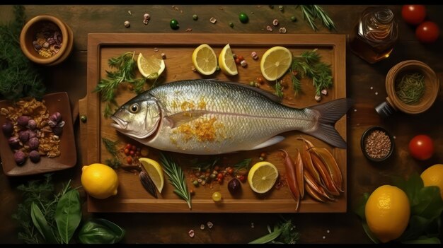 silver fish with spices wooden board