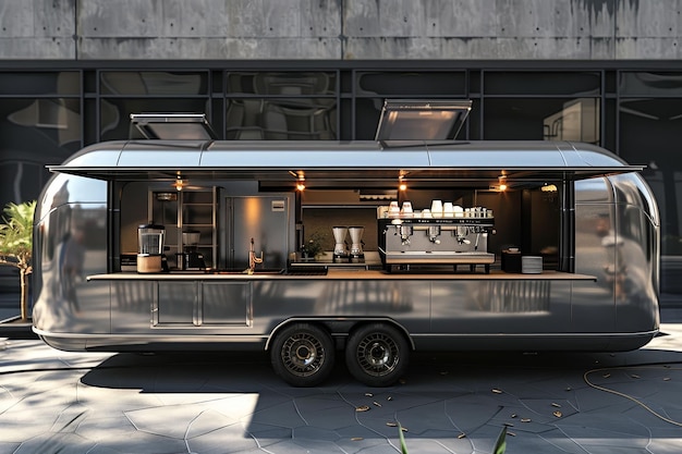 A silver food truck is parked in front of a building ready to serve customers with a variety of delicious treats A gourmet coffee truck showcasing sleek industrial design elements