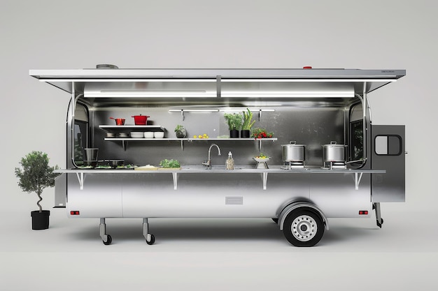 A silver food truck surrounded by plants and potted plants A mobile kitchen with a sleek minimalist design offering a menu of fresh and healthy fare