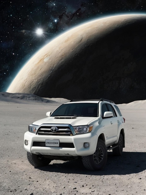 a silver ford truck is parked in front of a planet