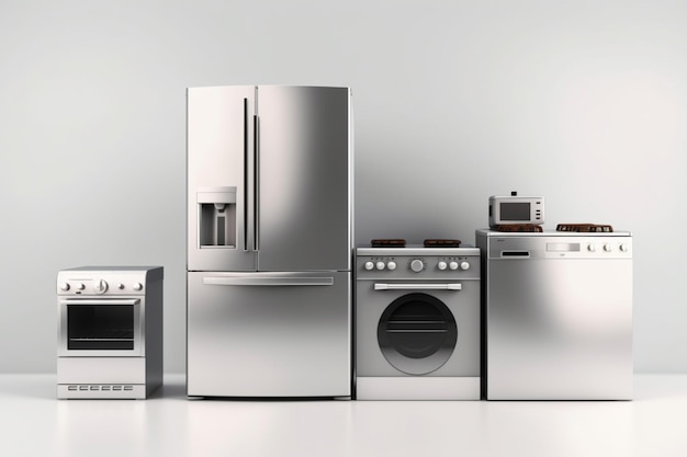 A silver fridge an oven and dryer lined up side by side on white background