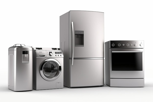 A silver fridge an oven and dryer lined up side by side on white background