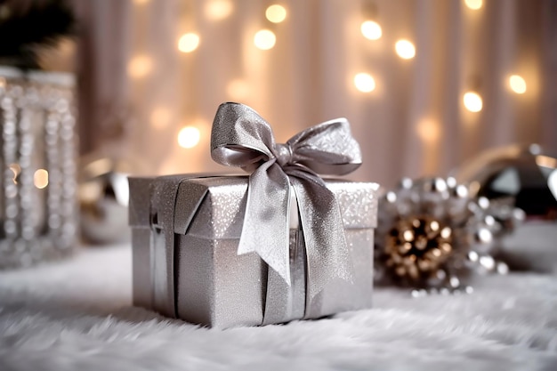 Silver gift box with silver bow on the background of bokeh effect Generative AI