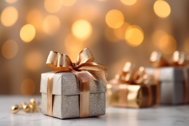 Silver gift boxes with gold ribbon and gold bow on a table with gold lights in the background.